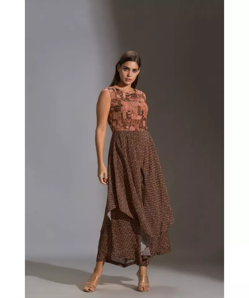 printed double layered jumpsuit paired with printed jacket