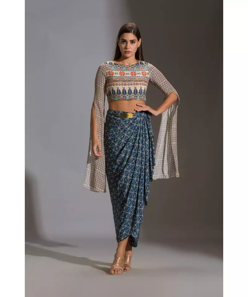 printed crop top with angel sleeves paired with printed dhoti drape skirt