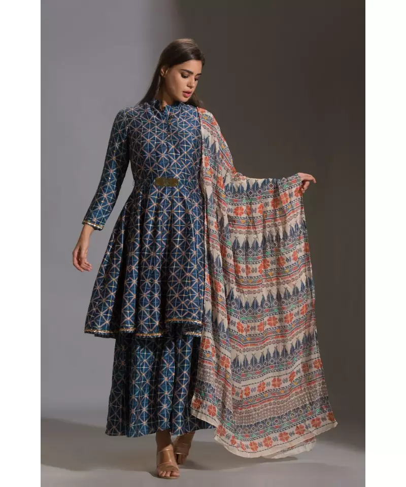 printed panel anarkali paired with printed sharara and printed organza dupatta
