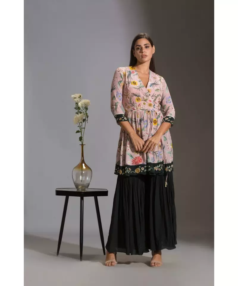 printed overlap kurta paired with sharara pants