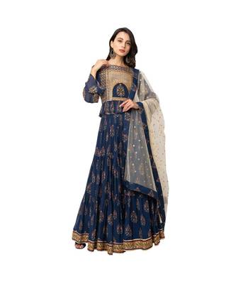 Blue Flat Chiffon Printed Lehenga Set 1