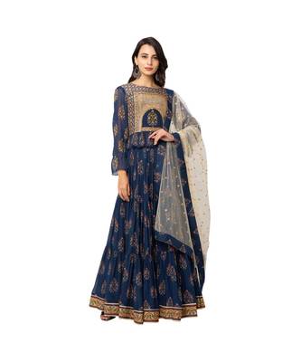 Blue Flat Chiffon Printed Lehenga Set 2