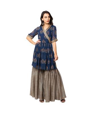 Blue Flat Chiffon Printed Kurta And Sharara Set 1