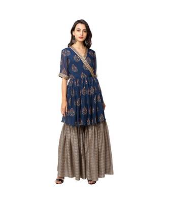 Blue Flat Chiffon Printed Kurta And Sharara Set 2