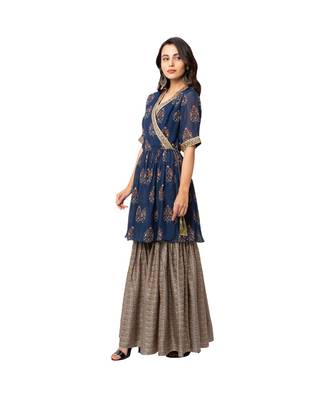 Blue Flat Chiffon Printed Kurta And Sharara Set 3