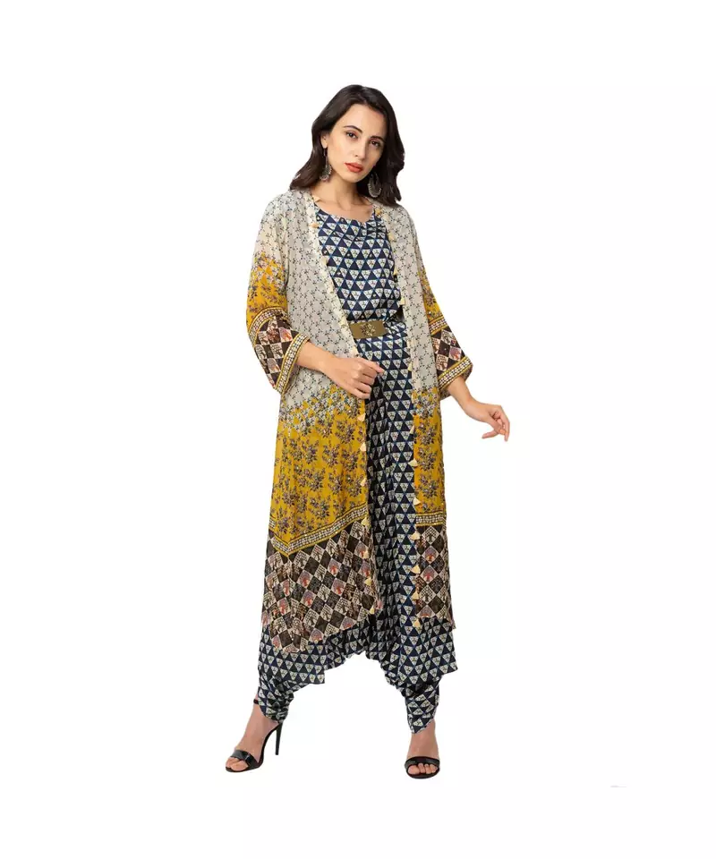 printed dhoti jumpsuit with metal belt detail paired with organza printed jacket with tassel detail