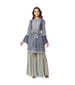 silk kurta with bell sleeves paired with printed garara bottom and net dupatta