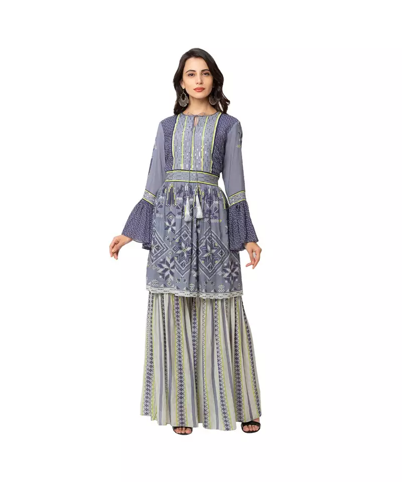 silk kurta with bell sleeves paired with printed garara bottom and net dupatta