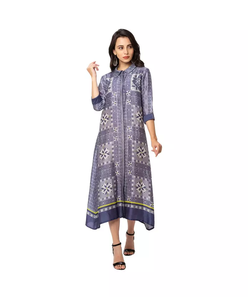 printed ankle length A line dress with front opening