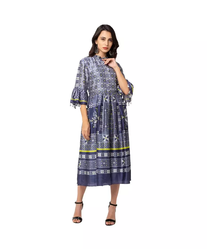 printed dress with waist cut gathers and bell sleeves with tassel detail