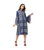 printed dress with side gathers with front opening and chinese collar