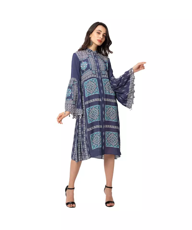 printed dress with side gathers with front opening and chinese collar