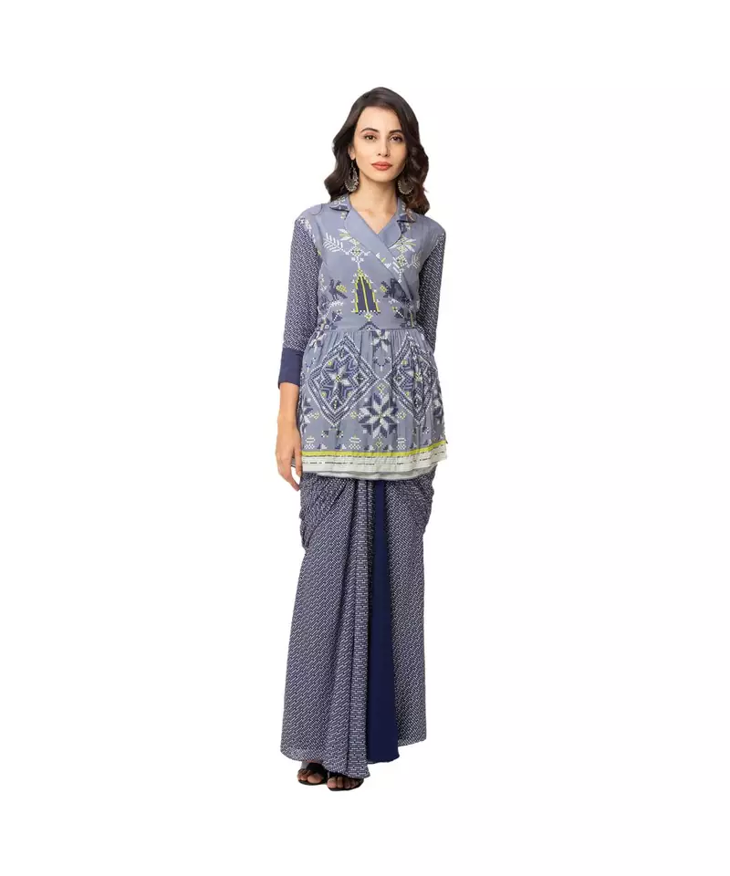 printed overlap jacket with collar and gathers at waist  is paired with saree drape skirt