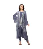 printed dhoti jumpsuit with bell sleeves is paired with sleeveless asymetrical jacket
