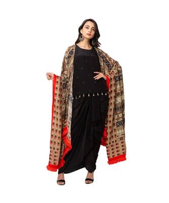 Black Top And Draped Skirt With Printed Kaftan Style Jacket 1