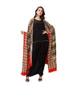 Black Top And Draped Skirt With Printed Kaftan Style Jacket