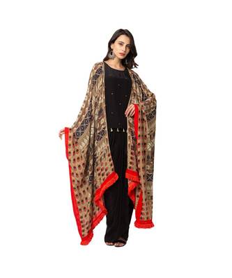 Black Top And Draped Skirt With Printed Kaftan Style Jacket 2