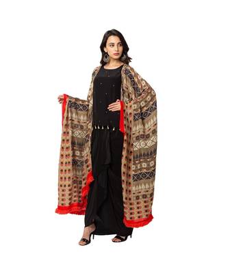Black Top And Draped Skirt With Printed Kaftan Style Jacket 3