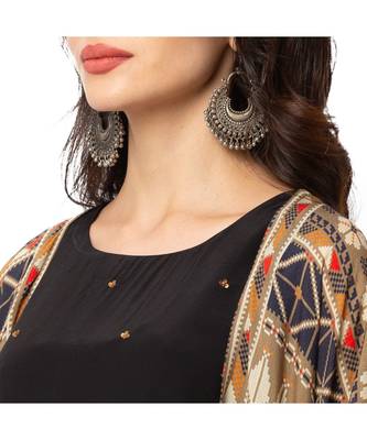 Black Top And Draped Skirt With Printed Kaftan Style Jacket 4