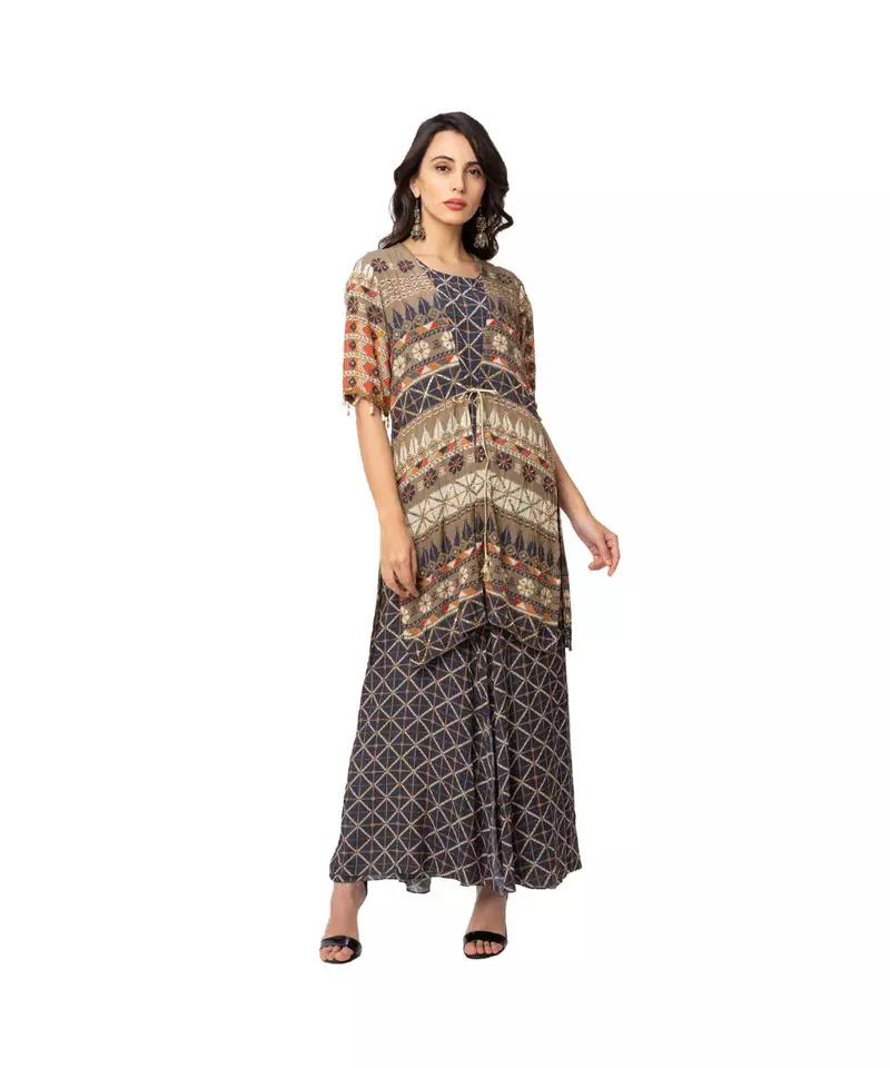 printed flared jumpsuit is paired with printed jacket with front tie ups and side slit