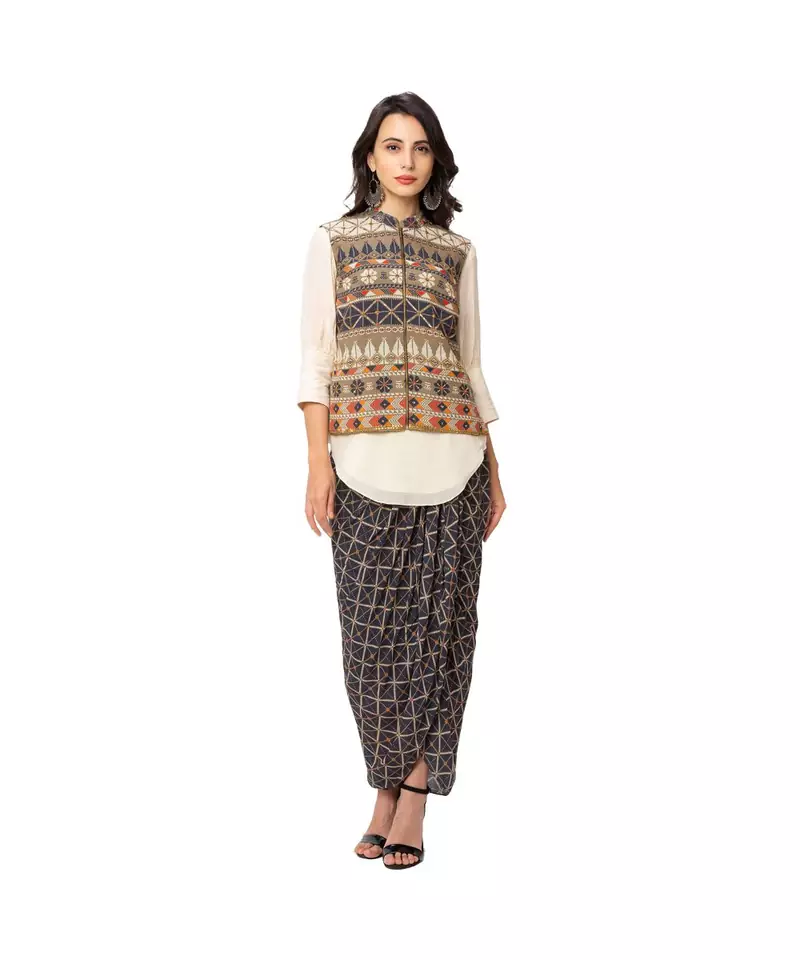 plain kurta paired with printed dhoti and nehru jacket