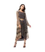 printed crop op with printed dhoti skirt which has belt detail is paired with printed organza jacket