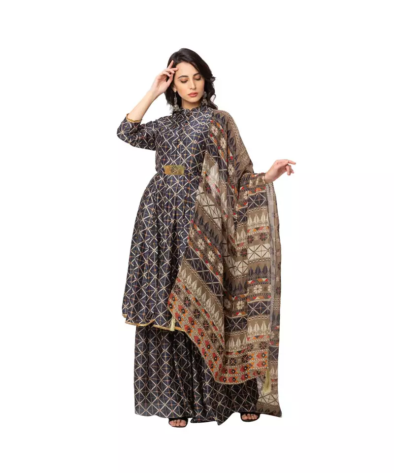chinese flat collar printed kurta paired with kali pants and printed organza dupatta