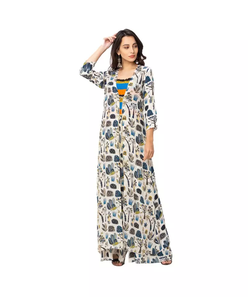 rushed jumpsuit with spaghetti sleeves is paired with long kacket with front tie ups
