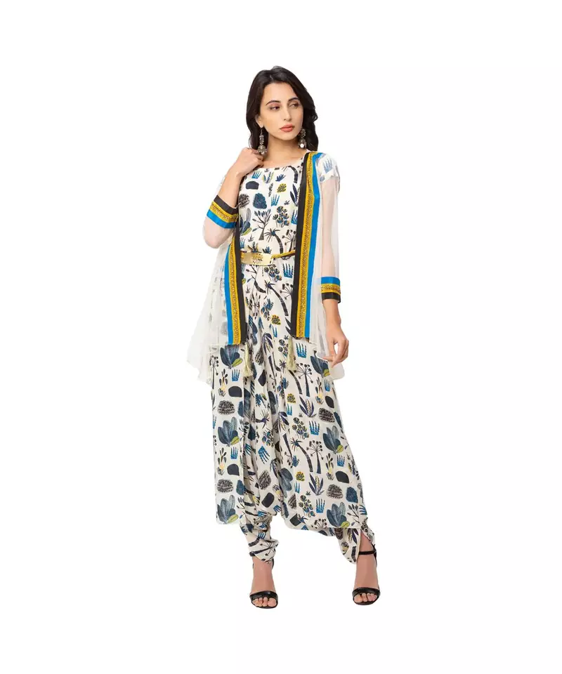 printed dhoti jumpsuit is paired with net jacket