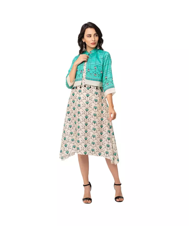 A line asymetrical dress paired with jacket