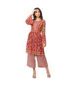 printed jumpsuit with flared bottom is paired with printed jacket with gathers at waist and front tie up