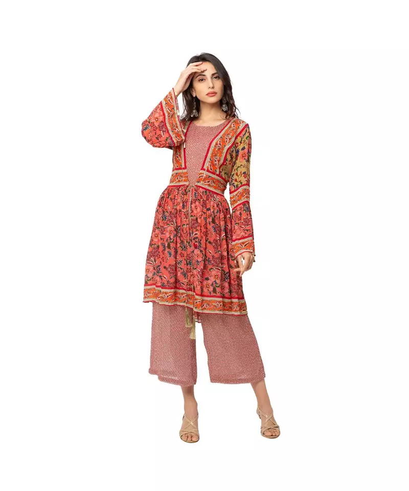 printed jumpsuit with flared bottom is paired with printed jacket with gathers at waist and front tie up