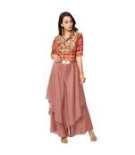 double layered printed jumpsuit  with belt detail is paired with printed collared short jacket