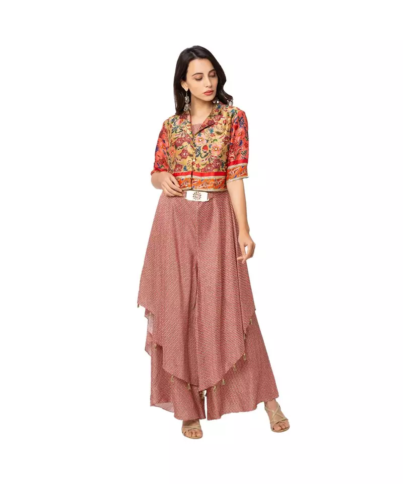 double layered printed jumpsuit  with belt detail is paired with printed collared short jacket