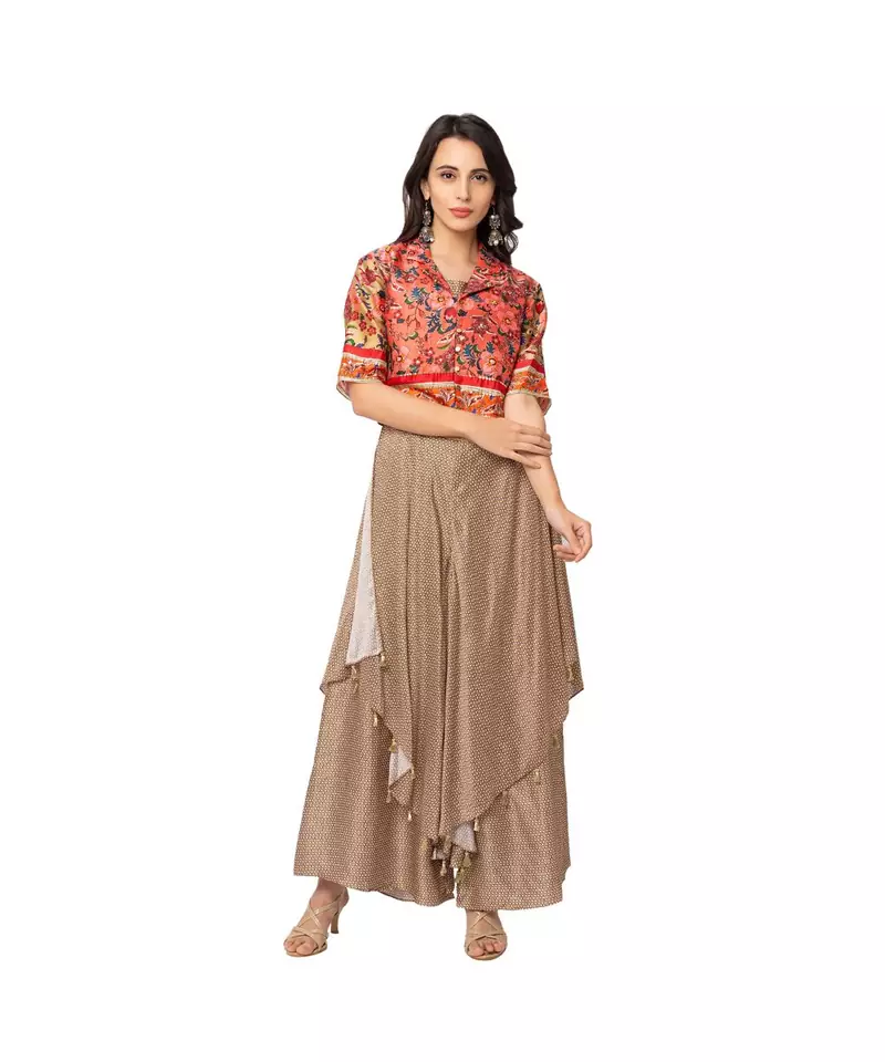 double layered printed jumpsuit  with belt detail is paired with printed collared short jacket