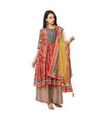 front pleated kurta with flare is paired with flared pants and net dupatta