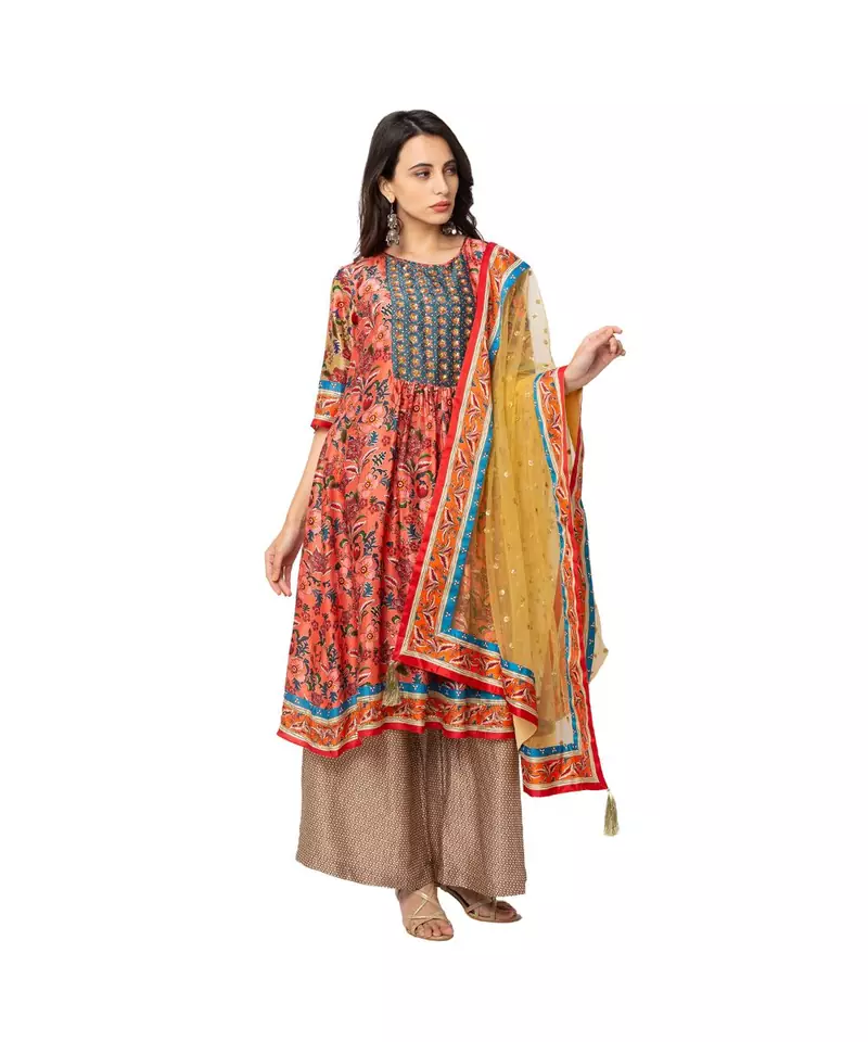 front pleated kurta with flare is paired with flared pants and net dupatta