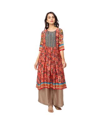 Front Pleated Kurta With Flare Is Paired With Flared Pants And Net Dupatta 2