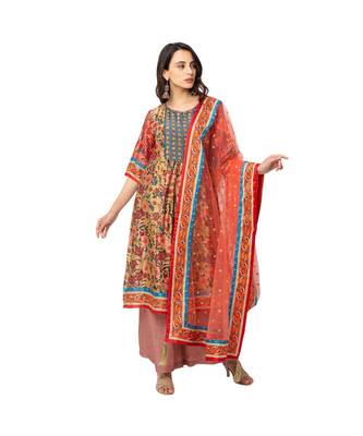 Red Malaysian Silk Printed Kurta Set 1