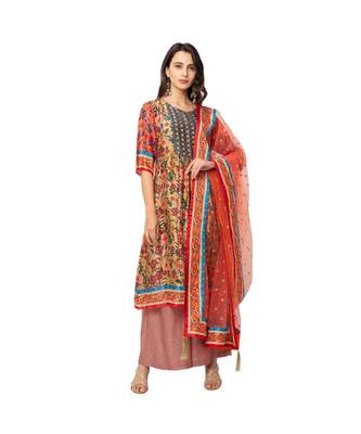 Red Malaysian Silk Printed Kurta Set 2