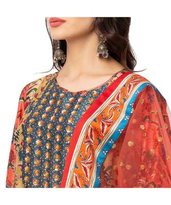 Red Malaysian Silk Printed Kurta Set 4