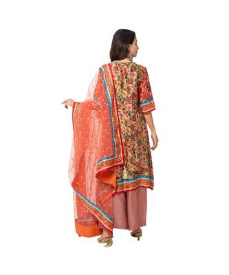 Red Malaysian Silk Printed Kurta Set 5