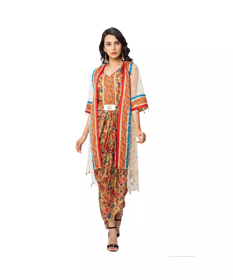 saree style dress with waist cuts and metal belt is paired with net jacket