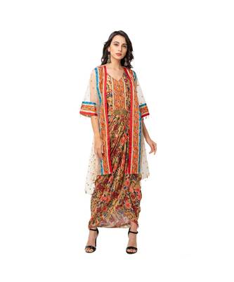 Yellow Malaysian Silk Printed Dress With Jacket  2