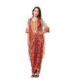 saree style dress with waist cuts and metal belt is paired with net jacket