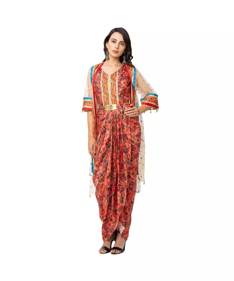 saree style dress with waist cuts and metal belt is paired with net jacket