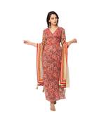 printed overlap kurta is paired with printed flared pats and dupatta