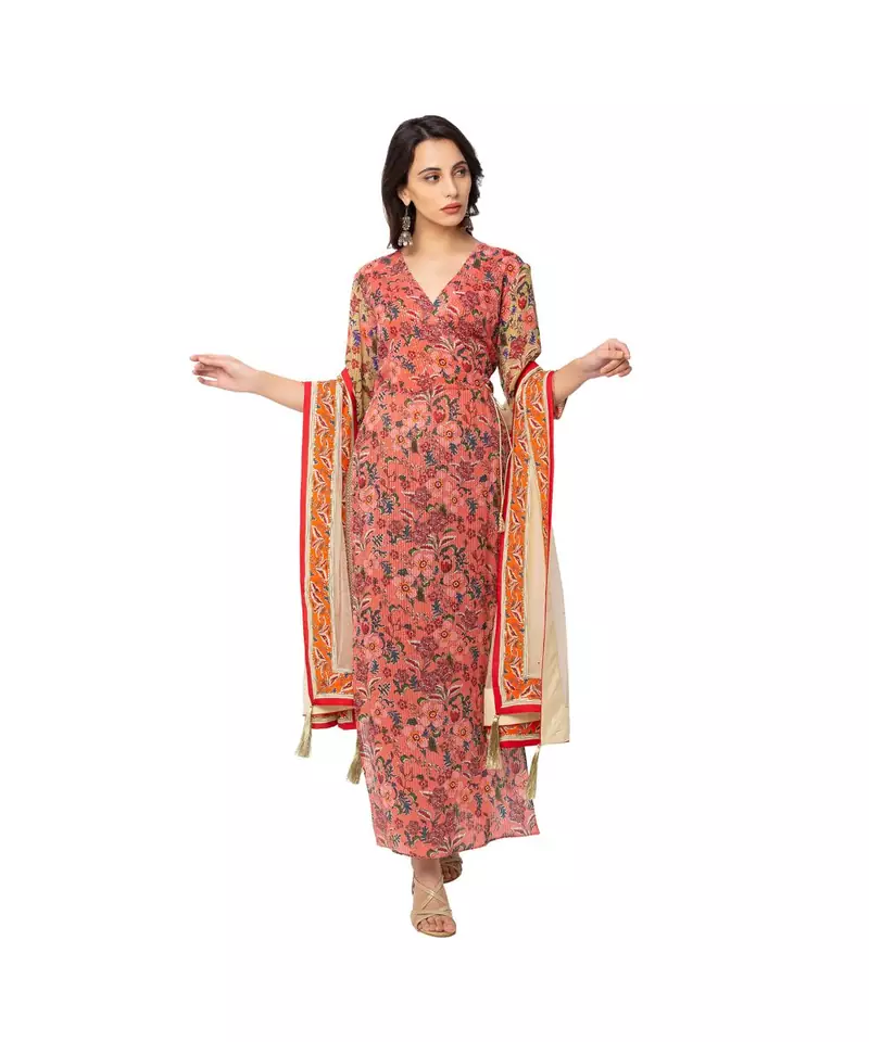 printed overlap kurta is paired with printed flared pats and dupatta