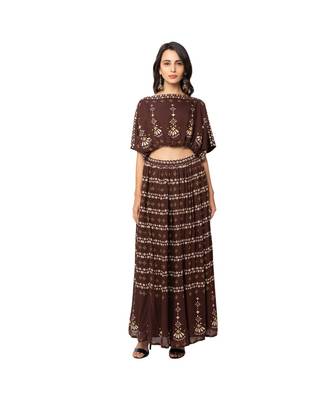 Brown Cotton Silk Printed Lehenga Set 1