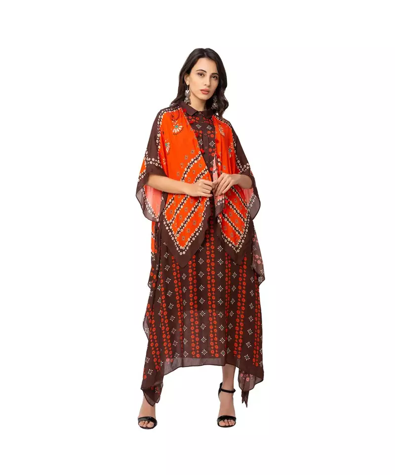 asyemtrical dress is paired with kaftaan jacket